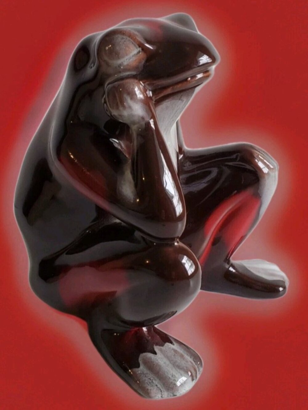 Canadiana Pottery Limited Thinker Frog Figurine w/Tag RARE Red Drip MCM Vtg